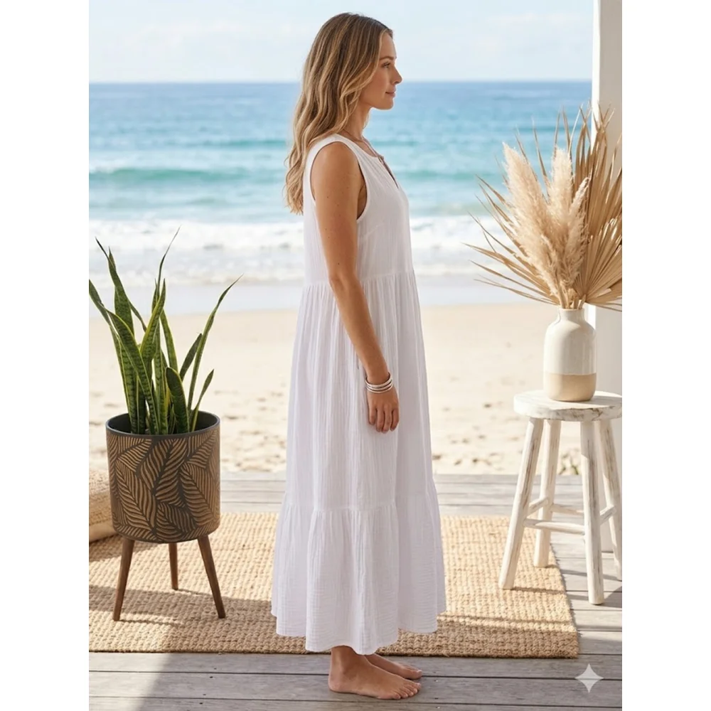 Boho Chic White Cotton Gauze Tiered Maxi Dress XL - Picture 2 of 11